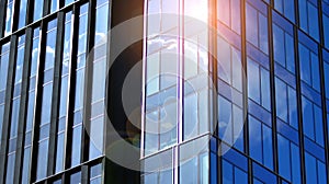 Modern office building detail, glass surface on a clear sky background.