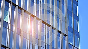 Modern office building detail, glass surface on a clear sky background.