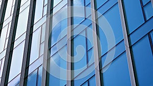Modern office building detail, glass surface on a clear sky background.
