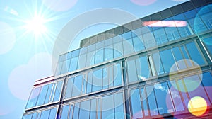 Modern office building detail, glass surface with sunlight