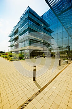 Modern office building with a empty parking lot