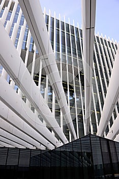 Modern Office Building Facade with Metal Beams, Work Places, Outdoor