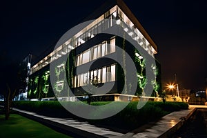 A modern office building illuminated at night, its facade adorned with vibrant vertical gardens, emphasizing its biophilic design