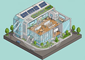 Modern office building illustration with a transparent facade,