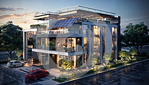 Modern office building with solar panels on the facade. 3d rendering, generative ai