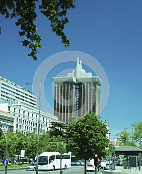 Modern office building street scene Madrid Spain