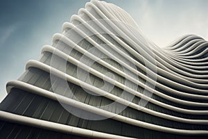 Modern office building with wavy futuristic design, low angle view of curve lines on sky background. Abstract geometric facade