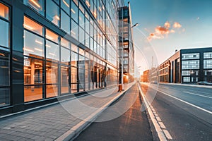 Modern office building windows lit in evening night early morning long working hours exhaustion overtime exterior urban