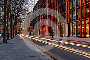 Modern office building windows lit in evening night early morning long working hours exhaustion overtime exterior urban