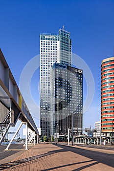 Modern office buildings against a blue sky at Kop van Zuid, Rotterdam, Netherlands
