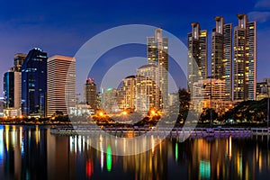 Modern Office Buildings in Bangkok, Thailand, at Night