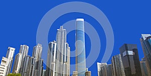 modern office buildings on clear blue sky