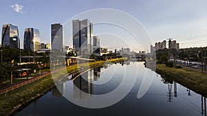 Modern office buildings and Pinheiros River in Sao Paulo city,