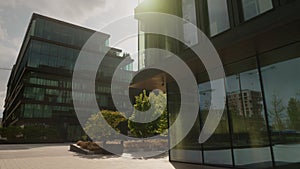 Modern office buildings, view around business complex with large glass windows