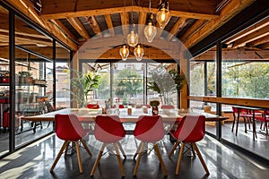 Modern office cafeteria with red chairs and wooden decor