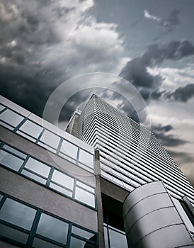 Modern office center building with apocalyptic sky