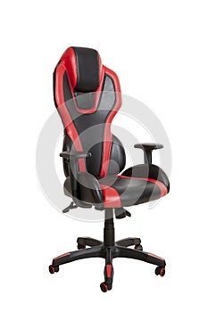 Modern office chair, upholstered in a black and red leather, iso