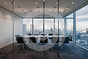 Modern office with city view, white walls, recessed lights, and glass partition for collaborative meetings