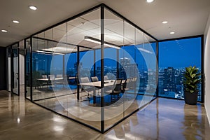 Modern office with city views and industrial accents, featuring glass partitions, recessed lighting, and greenery