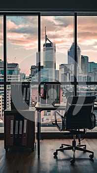Modern office with cityscape view, organized desk, black chair, and filing cabinet.