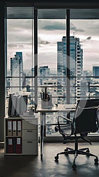 Modern office with cityscape view, organized desk, black chair, and filing cabinet.