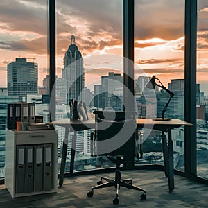 Modern office with cityscape view, organized desk, black chair, and filing cabinet.