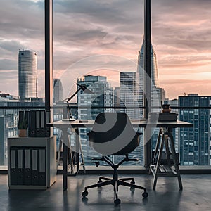 Modern office with cityscape view, organized desk, black chair, and filing cabinet.