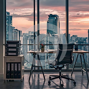 Modern office with cityscape view, organized desk, black chair, and filing cabinet.