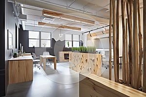 a modern office, with clean lines and natural materials, that fosters creativity