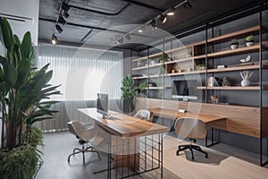 a modern office, with clean lines and natural materials, that fosters creativity