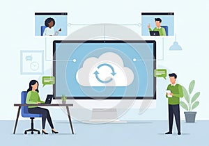 Modern office collaboration featuring cloud computing and remote teamwork technology