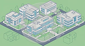 Modern office complex rendered in an isometric view on a green background.