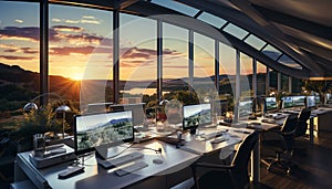 Modern office with computer monitor, desk, and panoramic cityscape generated by AI