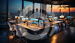 Modern office with computer monitor, desk, and skyscraper cityscape view generated by AI