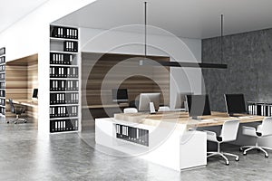 White and wooden office interior, concrete side
