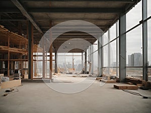 Modern Office Construction Site: Industrial Building with Scaffolding