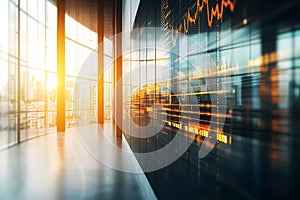 Modern Office Corridor with Dynamic Financial Data Display Wall