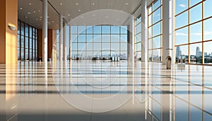 Modern office corridor with futuristic glass architecture and bright blue skies generated by AI