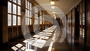 Modern office corridor with glass walls and futuristic architecture design generated by AI