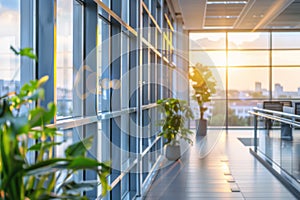 Modern office corridor with glass walls and potted plants during sunset