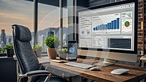 Modern Office with Data Analytics on Screen