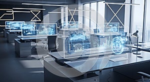 Modern Office with Data Visualization, Futuristic Workplace