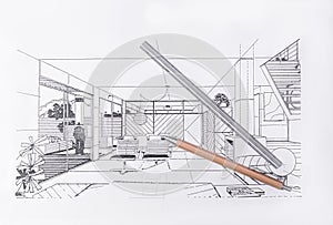 Modern office design, architect drawing