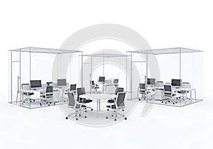 Modern office design concept with individual workstations and collaborative meeting spaces