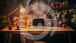 A modern office desk with a computer, clock, and plant generated by AI