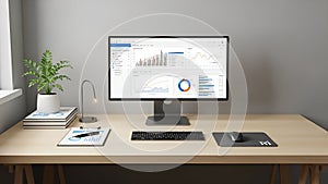 Modern Office Desk with Computer Dashboard and Analytics