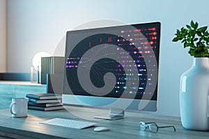 Modern office desk with a computer screen displaying colorful digital data visualization. 3D Rendering