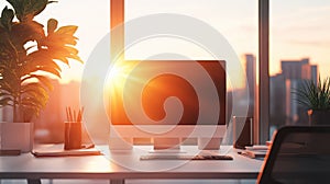 Modern office desk with computer during sunset