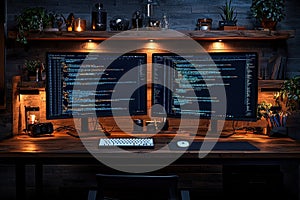 Modern office desk with dual monitors displaying coding and programming setup