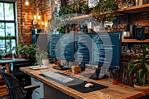 Modern office desk with dual monitors displaying coding and programming setup